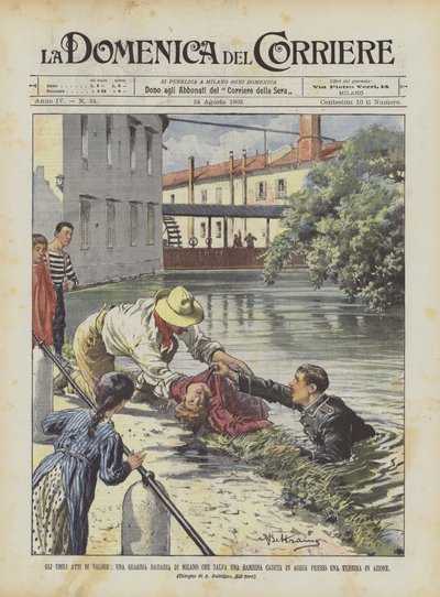 Los humildes actos de valor, un guardia de aduanas de Milán que salva a una niña caída en el agua de Achille Beltrame