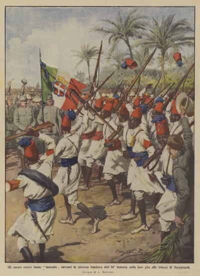 Los askaris eritreos desfilan frente a la gloriosa bandera del 84º de infantería en su excursión de Achille Beltrame