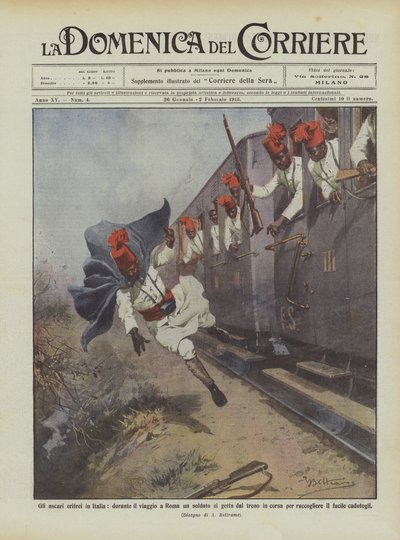 Los ascari eritreos en Italia, durante el viaje a Roma un soldado se lanza del tren en marcha de Achille Beltrame