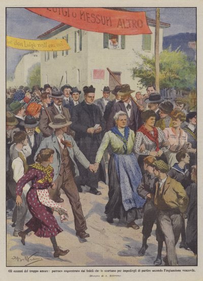 Los excesos del demasiado amor, párroco secuestrado por los fieles que lo escoltan para impedirle de Achille Beltrame