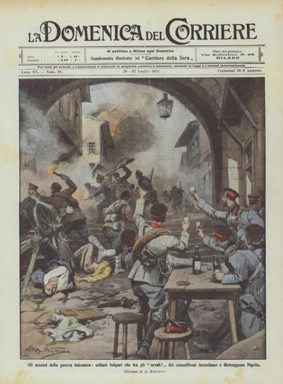 Los excesos de la guerra balcánica, soldados búlgaros que entre los vítores de los camaradas incendian de Achille Beltrame