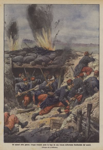 Episodios de la guerra, tropas francesas puestas en fuga por una trinchera subterránea bombardeada por los enemigos de Achille Beltrame