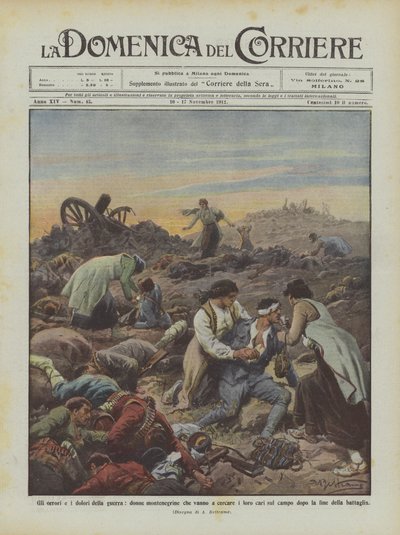 Los horrores y dolores de la guerra, mujeres montenegrinas que buscan a sus seres queridos en el campo de Achille Beltrame