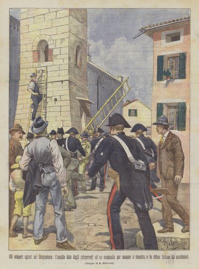 Las huelgas agrarias en Bérgamo, el asalto de los huelguistas a un campanario para tocar las campanas de Achille Beltrame
