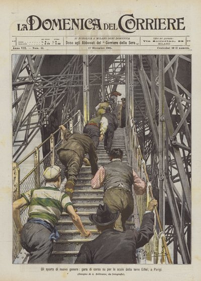 Los deportes de nuevo género, carrera de escaleras en la torre Eiffel, en París de Achille Beltrame