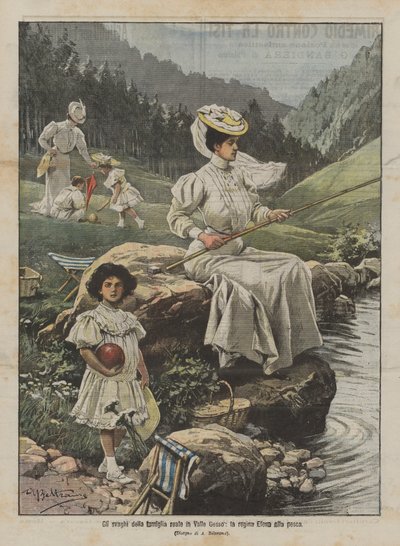 Los pasatiempos de la familia real en Valle Gesso, la reina Elena pescando de Achille Beltrame