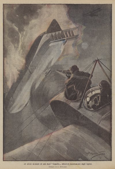 Los últimos momentos de uno de los Zeppelines abatidos recientemente por los ingleses de Achille Beltrame