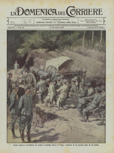 Grandes maniobras de artillería en los Campos de Aníbal (Rocca di Papa), transporte de un mortero realizado por 60 soldados de Achille Beltrame