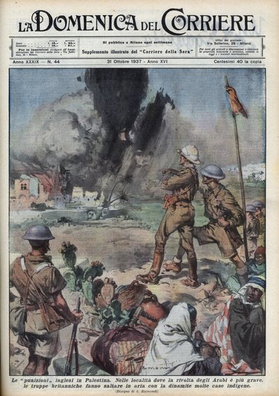 Gran Revuelta Árabe de 1936-1939 en Palestina: rebelión de los árabes palestinos por la creación de un Estado Independiente en Palestina, dirigida contra la autoridad británica. Los ingleses volaron casas palestinas. Ilustración de Achille Beltrame. de Achille Beltrame