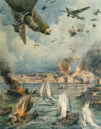 Gran ofensiva aérea del Eje sobre Malta, ilustración de Achille Beltrame, de La Domenica del Corriere, 25 de enero de 1942 de Achille Beltrame