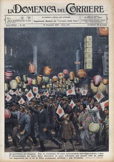 Gran desfile de residentes de Tokio para rendir homenaje a Italia y Alemania tras el reconocimiento del nuevo estado de Manchukuo (Manchukuo o Manzhouguo). Ilustración de Achille Beltrame en “La domenica del corriere” del 12/12/1937. de Achille Beltrame