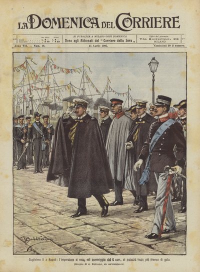 Guillermo II en Nápoles, el emperador se dirige, en la tarde del 6 de este mes, al palacio real para una cena de gala de Achille Beltrame