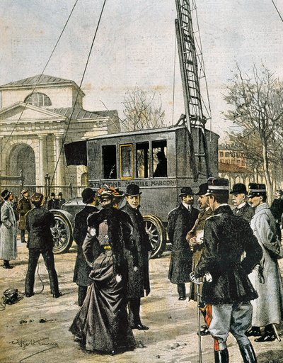 Guglielmo Marconi asiste en Milán a la prueba de la primera Estación Radio Móvil. Ilustración de Achille Beltrame para “Domenica del Corriere” (1906). Grabado de Achille Beltrame
