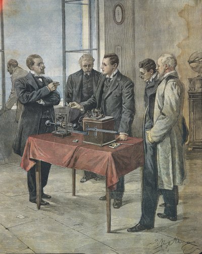 Guglielmo Marconi probando la telegrafía inalámbrica a través del Canal de la Mancha. Ilustración de Achille Beltrame en 
