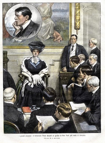 Juicio de Harry Thaw en Nueva York en 1907. Harry Thaw, hijo de una familia de industriales mayoristas, asesinó en 1906 al arquitecto Stanford White, ex amante de su esposa Evelyn. Portada de la 