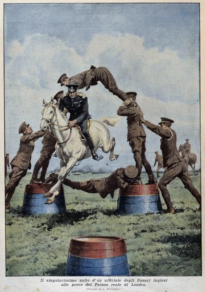 Salto de Caballo: Húsares Ingleses en las Pruebas del Torneo de Londres - dibujo de A. Beltrame, en “La Domenica del Corriere” de Achille Beltrame