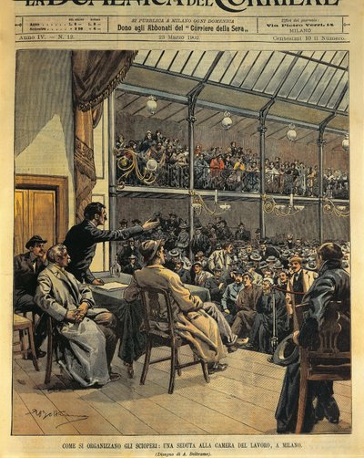 Cómo organizar huelgas, sesión de la Cámara del Trabajo en Milán, ilustración de Achille Beltrame de La Domenica del Corriere, 23 de marzo de Achille Beltrame
