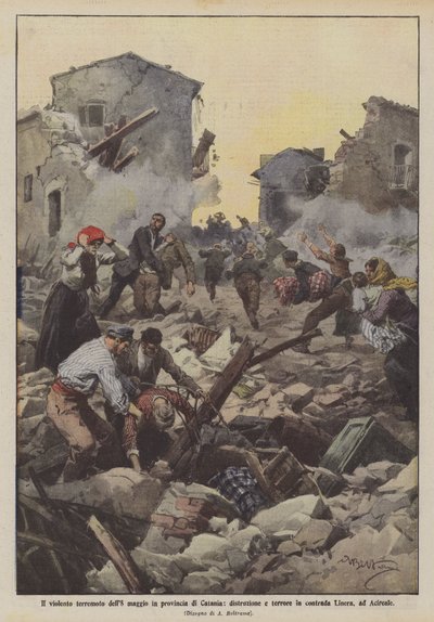 El violento terremoto del 8 de mayo en la provincia de Catania, destrucción y terror en la zona de Linera, en Acireale de Achille Beltrame