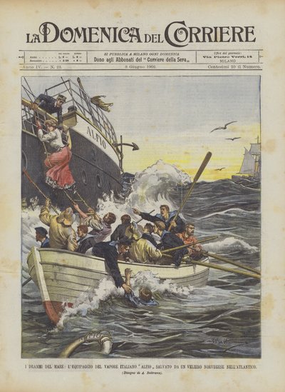Los dramas del mar, la tripulación del vapor italiano Alfio salvada por un velero noruego en el Atlántico de Achille Beltrame