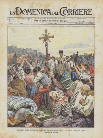 Los movimientos sísmicos de Mignano (Caserta), la población huida del pueblo reza al aire libre de Achille Beltrame