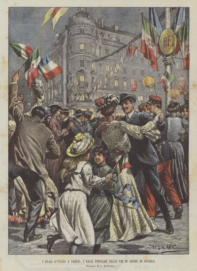 Los reyes de Italia en París, los bailes populares en las calles en señal de júbilo de Achille Beltrame