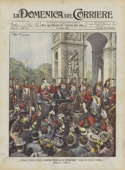 Los reyes de Italia en París, la entrada triunfal del cortejo en la Avenida de los Campos Elíseos de Achille Beltrame