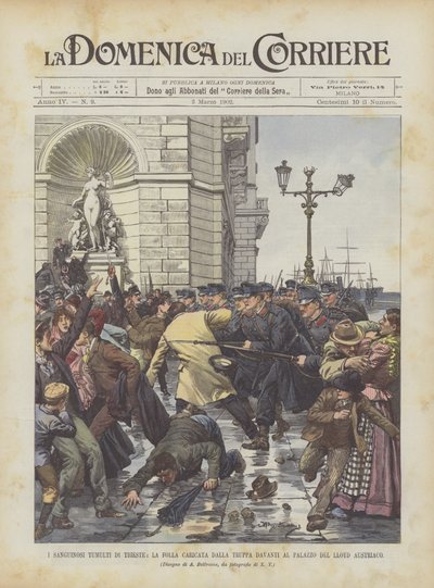 Los Sangrientos Disturbios de Trieste, La Multitud Cargada por la Tropa Frente al Palacio del Lloyd Austriaco de Achille Beltrame