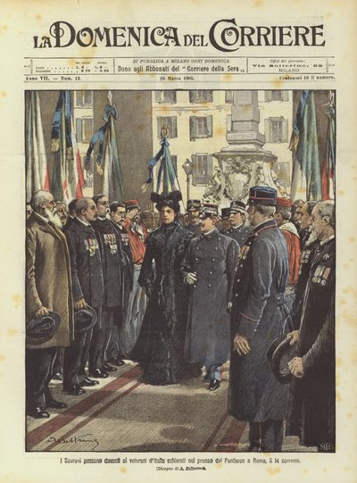 Los soberanos pasan frente a los veteranos de Italia alineados en el pórtico del Panteón en Roma, el 14 del mes de Achille Beltrame
