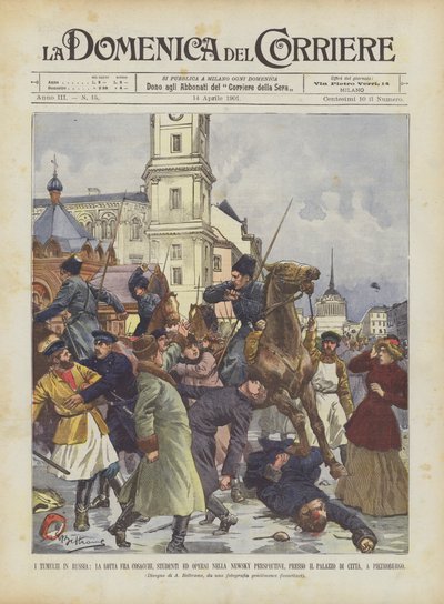 Los disturbios en Rusia, la lucha entre cosacos, estudiantes y trabajadores en la perspectiva Newsky de Achille Beltrame