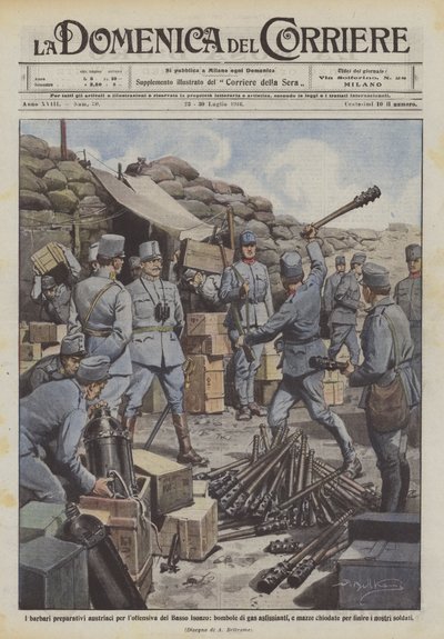 Los bárbaros preparativos austriacos para la ofensiva del Bajo Isonzo, cilindros de gas asfixiante de Achille Beltrame