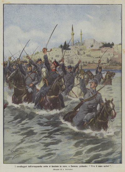 Los jinetes de la vanguardia serbia se lanzan al mar en Durazzo, gritando, ¡Viva el mar serbio! de Achille Beltrame