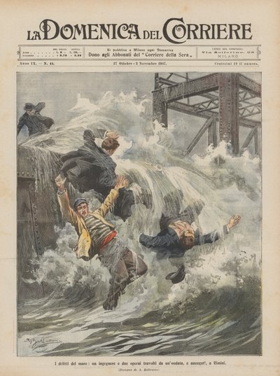 Los crímenes del mar, un ingeniero y dos obreros arrastrados por una ola y ahogados en Rímini de Achille Beltrame