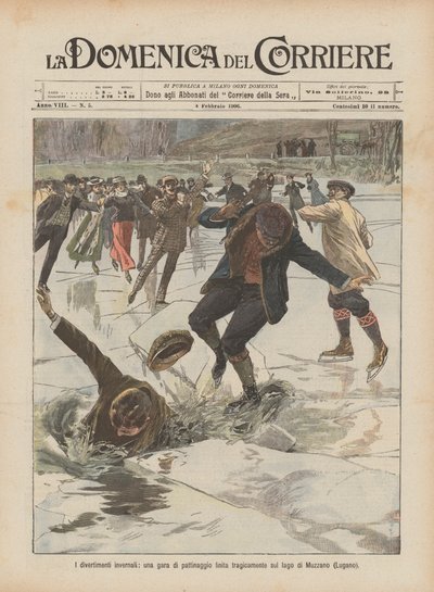 Los entretenimientos invernales, una competencia de patinaje que termina trágicamente en el lago de Muzzano (Lugano) de Achille Beltrame