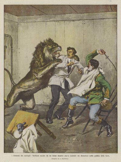 Los dramas de las fieras, barbero asesinado por un león mientras afeitaba a un domador en la jaula de las fieras de Achille Beltrame