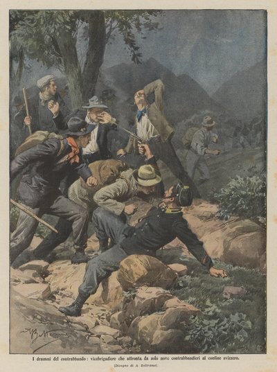 Los dramas del contrabando, un vicebrigadier que enfrenta solo a nueve contrabandistas en la frontera suiza de Achille Beltrame
