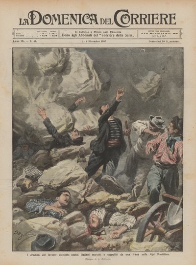 Los dramas del trabajo, dieciocho obreros italianos sepultados por un deslizamiento de tierra en los Alpes Marítimos de Achille Beltrame