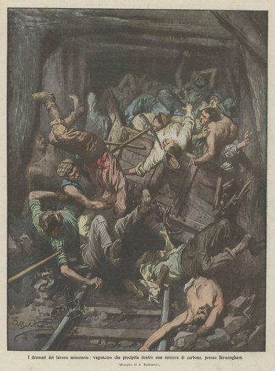 Los dramas del trabajo minero, vagoneta que cae dentro de una mina de carbón, cerca de Birmingham de Achille Beltrame