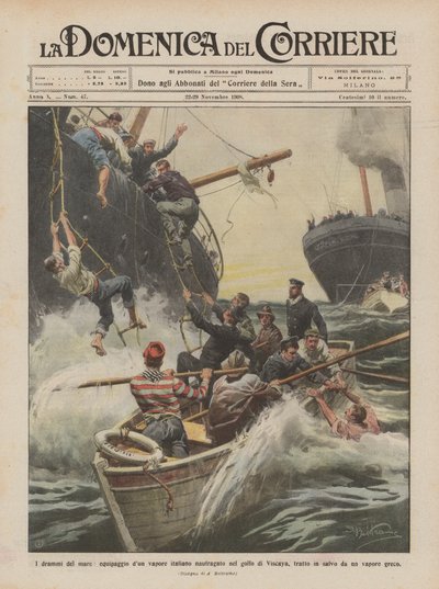 Los dramas del mar, tripulación de un vapor italiano naufragado en el golfo de Vizcaya de Achille Beltrame