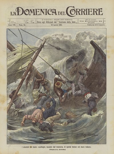 Los dramas del mar, naufragio causado por el monzón, de obreros italianos en el mar Índico de Achille Beltrame