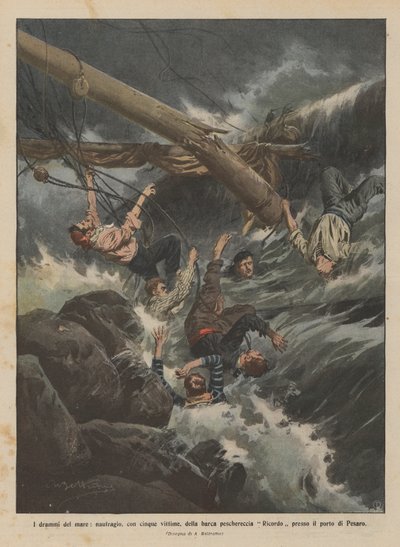 Los dramas del mar, naufragio, con cinco víctimas, del barco pesquero Ricordo cerca del puerto de Pesaro de Achille Beltrame