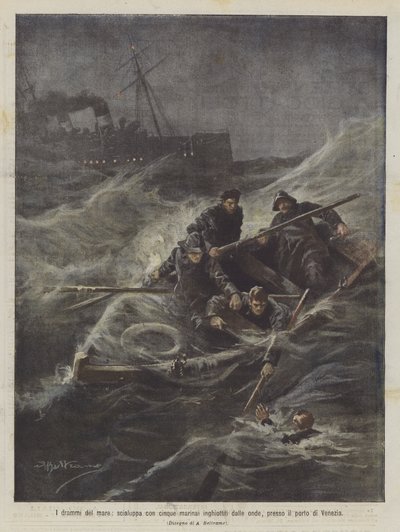 Los dramas del mar, bote con cinco marineros tragados por las olas, cerca del puerto de Venecia de Achille Beltrame