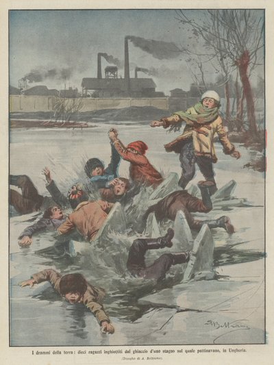 Los dramas de la tierra, diez niños tragados por el hielo de un estanque en el que patinaban, en Hungría de Achille Beltrame