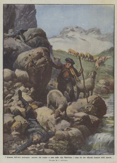 Los dramas de la alta montaña, pastor que descubre por casualidad en los Alpes Marítimos los cuerpos de dos de Achille Beltrame