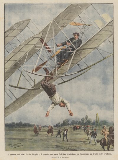 Los dramas del aire, Orville Wright y el teniente americano Selfridge caen con el aeroplano de Achille Beltrame