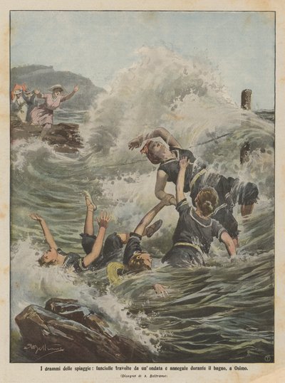 Los dramas de las playas, niñas arrastradas por una ola y ahogadas durante el baño en Osimo de Achille Beltrame