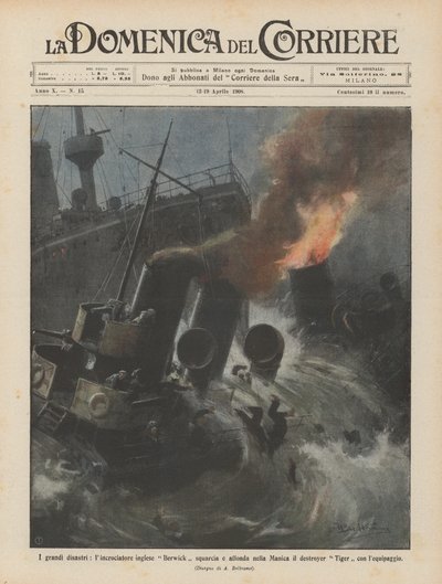 Los grandes desastres, el crucero inglés Berwick choca y hunde en el Canal de la Mancha al destructor de Achille Beltrame