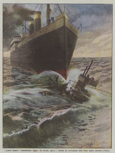 Los grandes desastres, transatlántico alemán que embiste, rompe y hunde un submarino de Achille Beltrame