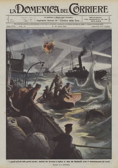 Los grandes peligros de la guerra naval, marineros que trabajan para quitar las minas de los Dardanelos de Achille Beltrame