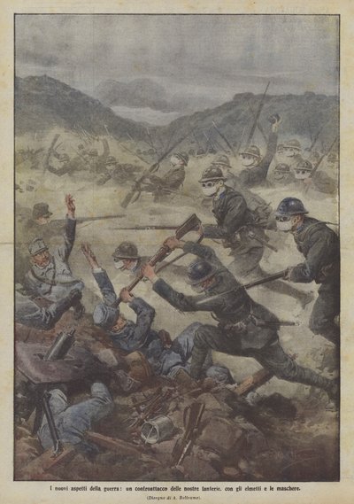Los nuevos aspectos de la guerra, un contraataque de nuestra infantería, con cascos y máscaras de Achille Beltrame