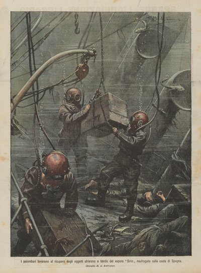 Los buzos trabajan en la recuperación de los objetos que estaban a bordo del vapor Sirio naufragado en las costas de España de Achille Beltrame